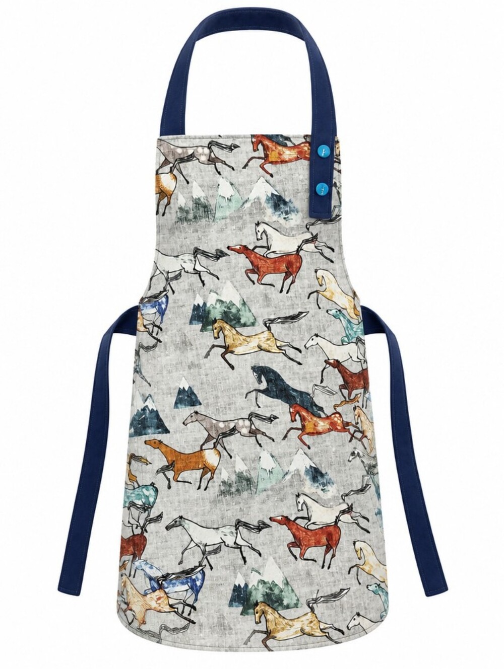 Kids Canvas Apron %100 Cotton Canvas Wild Horses In Watercolor Size 2-4 Years